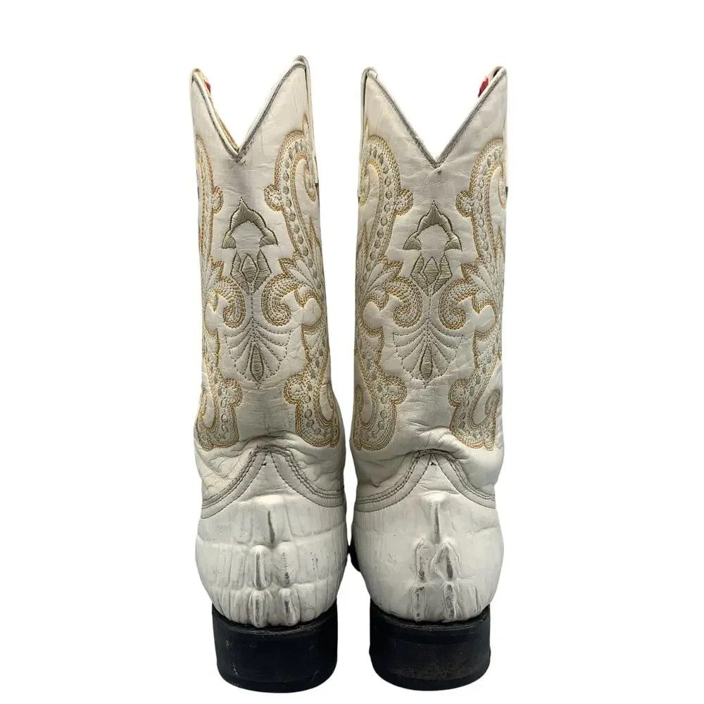 Potrero Mens Western Boots Size 7.5 US White Crocodile Leather Cowboy Distressed